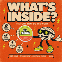 A square orange graphic with the large text 'WHAT'S INSIDE?' and a cartoon brain character wearing sunglasses and holding a ZOID Citrus Slingshot tin. The design lists included ingredients and benefits: 50mg caffeine, 100mg L-theanine, Vitamin B6, and Vitamin B12.