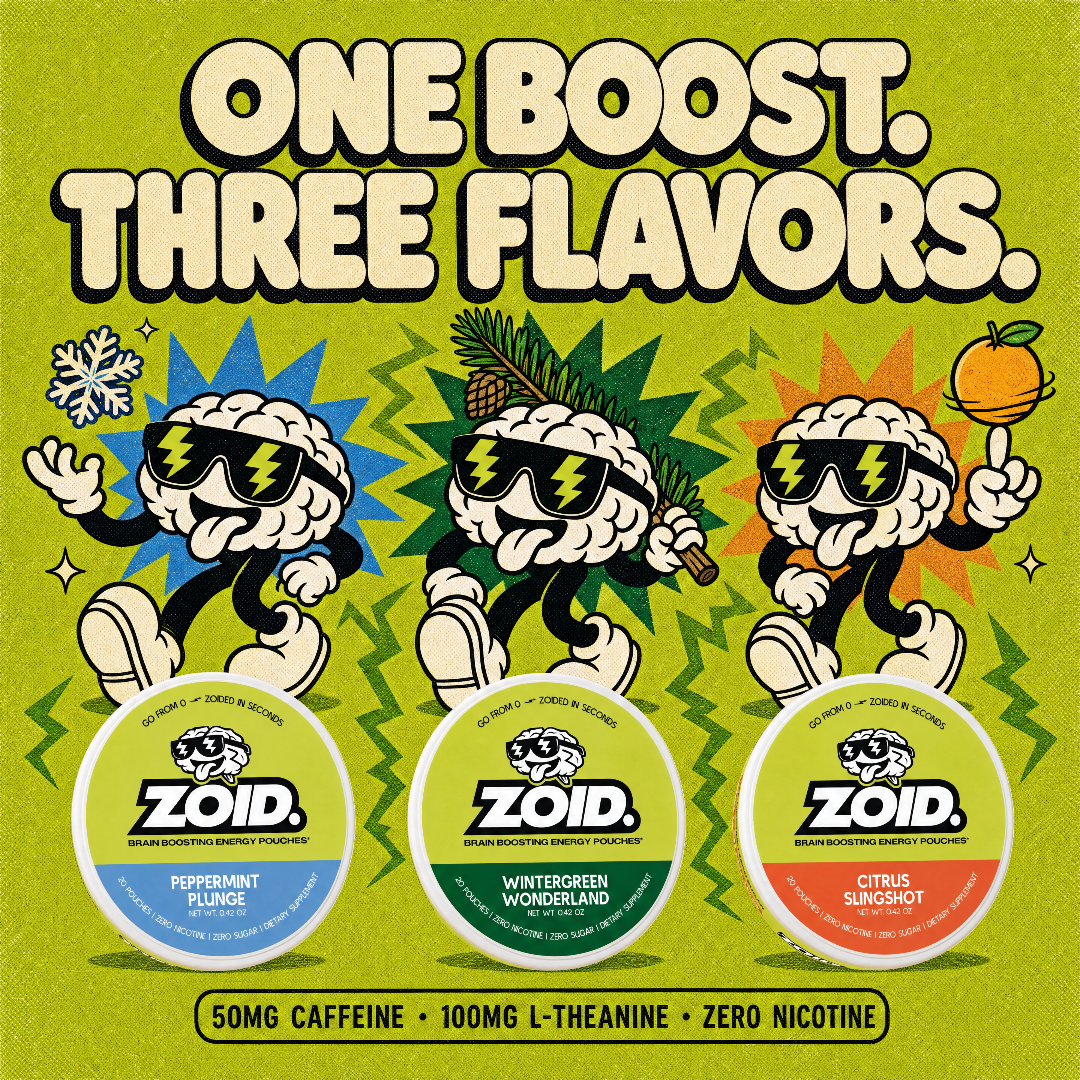 Promotional graphic for ZOID. energy powder featuring three cartoon brains wearing sunglasses and lightning bolts, with large text reading 'ONE BOOST.