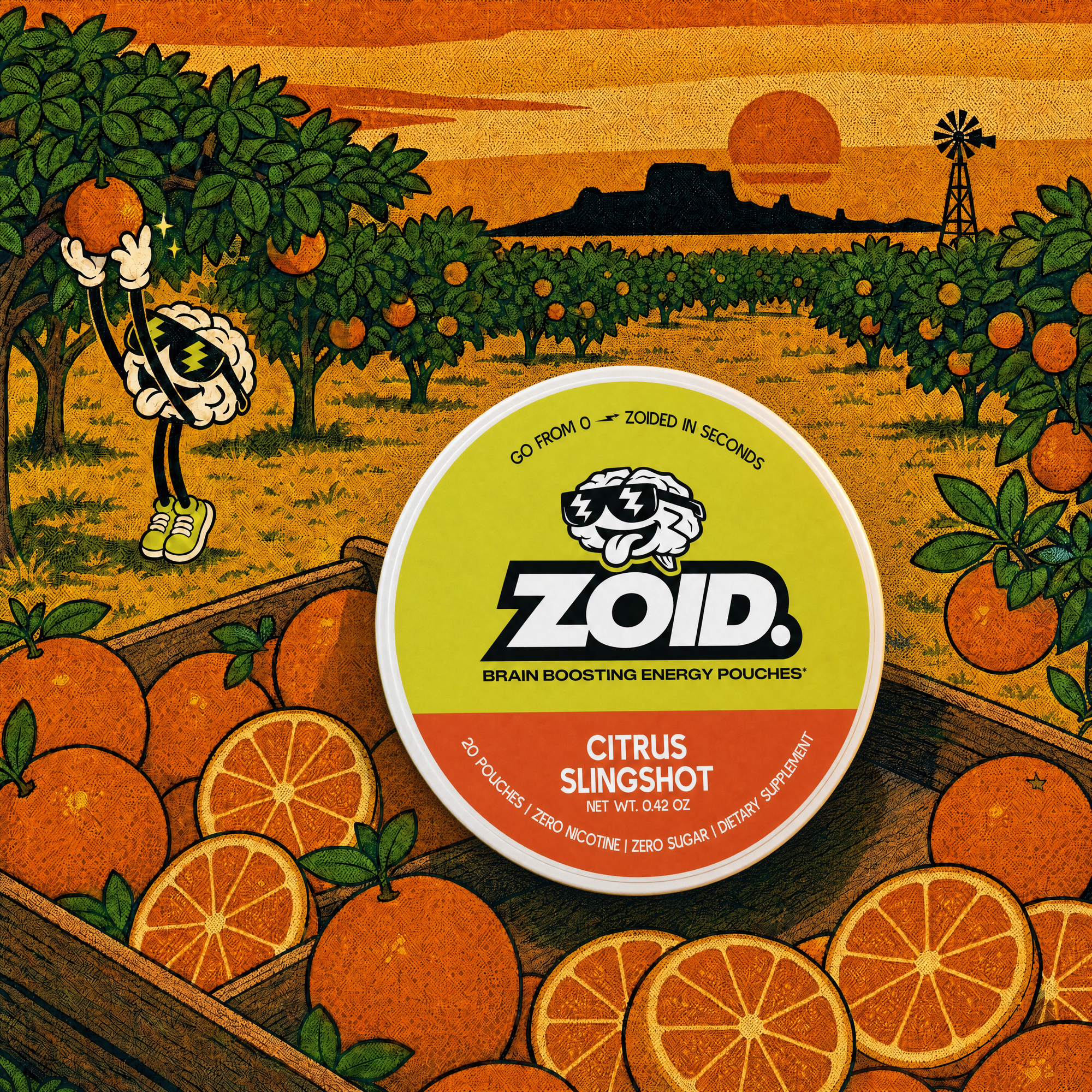 A round container of ZOID Brain Boosting Energy Pouches in Citrus Slingshot flavor, placed in front of a stylized orange grove illustration with oranges, a windmill, and a cartoon character holding an orange.