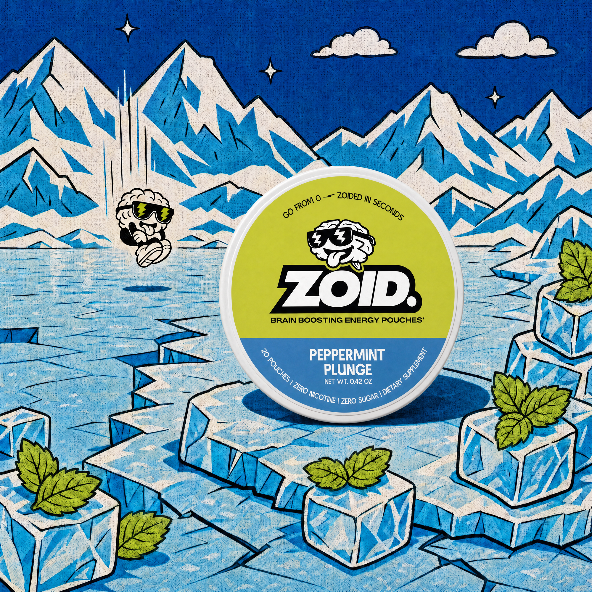 A round container of Zoid Brain Boosting Energy Pouches in Peppermint Plunge flavor, placed in front of a stylized illustrated icy mountain landscape with ice cubes and mint leaves.