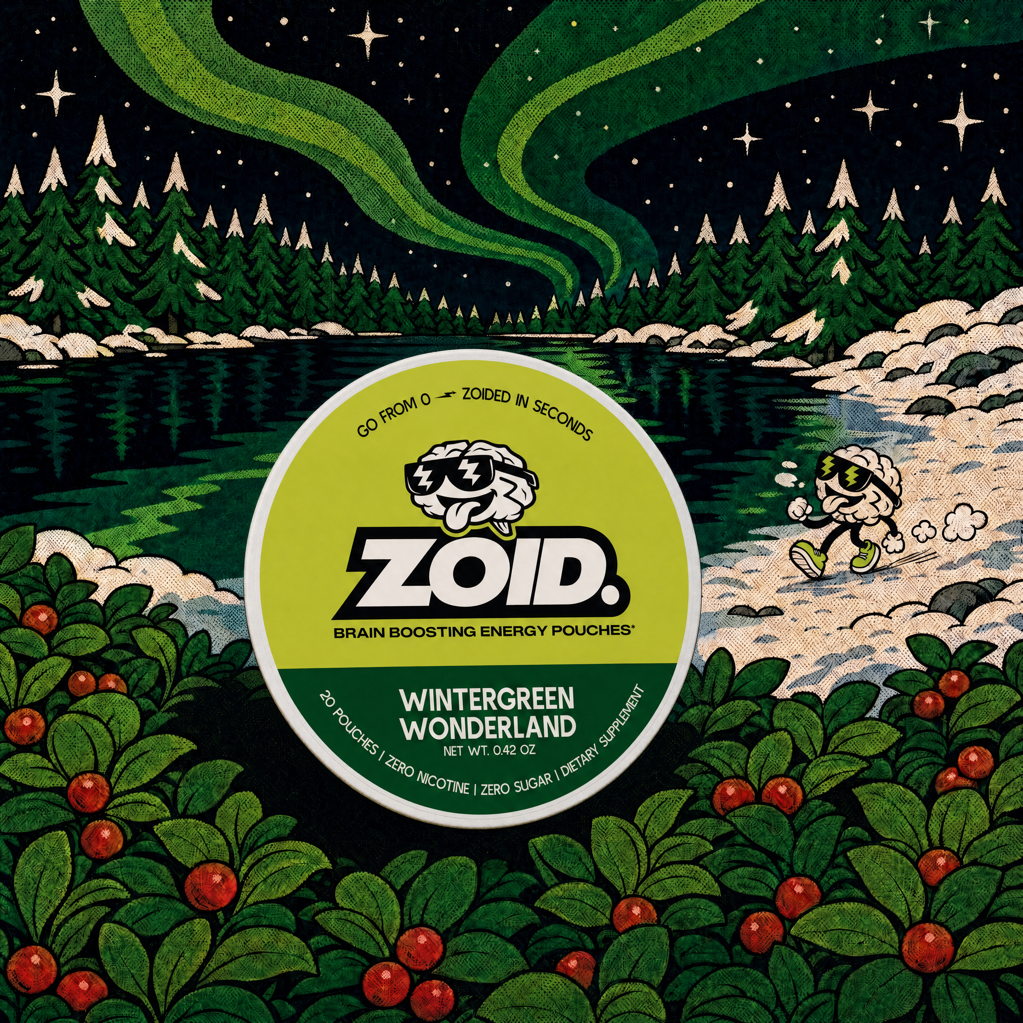 A round tin of ZOID Brain Boosting Energy Pouches in Wintergreen Wonderland centered over a stylized illustrated winter landscape with evergreen trees, a reflective lake, stars, aurora-like green bands, and a small cartoon character walking on a snowy shore.