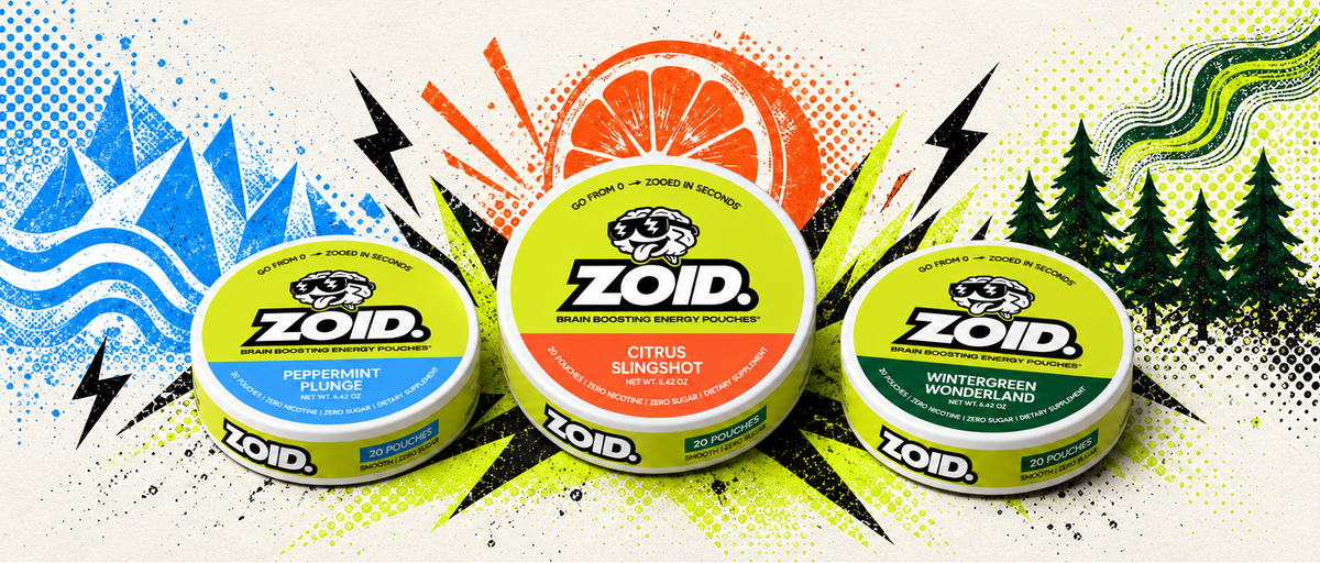 Three ZOID tins arranged together on a stylized illustrated background. The center tin is Citrus Slingshot, flanked by Peppermint Plunge on the left and Wintergreen Wonderland on the right.