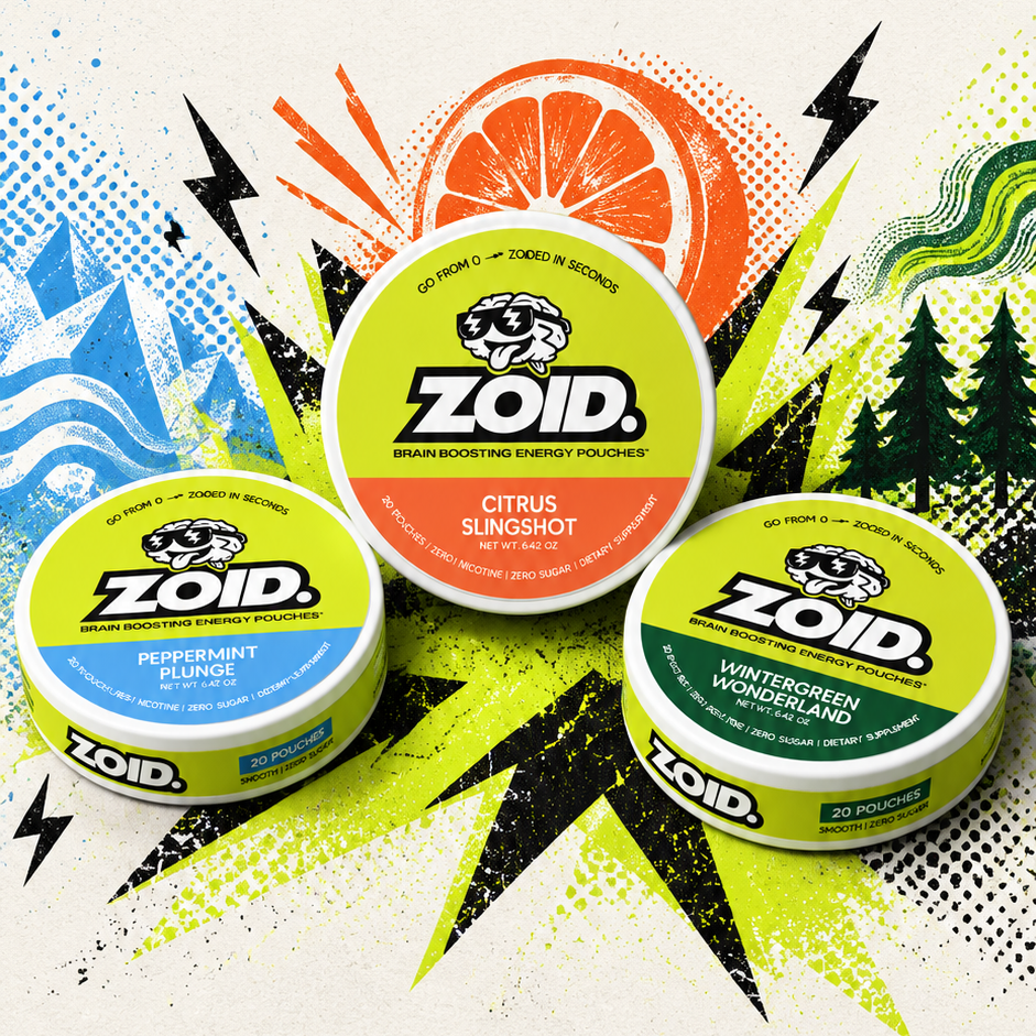 Three ZOID tins arranged on a stylized illustrated background with citrus slices, lightning bolts, and forest graphics. The center tin is orange/citrus, and the two side tins are blue and green.