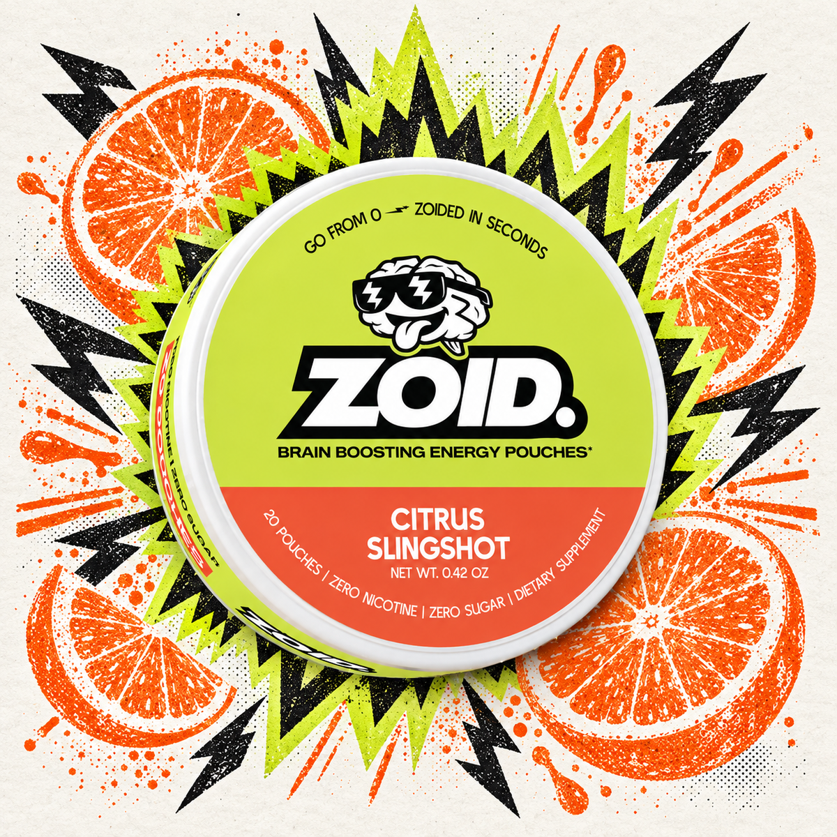A round tin of Zoid Brain Boosting Energy Pouches in Citrus Slingshot flavor, shown against a stylized graphic background with orange slices, black lightning bolts, and lime green jagged shapes. The tin label is lime green and orange-red, with the Zoid logo prominently displayed.