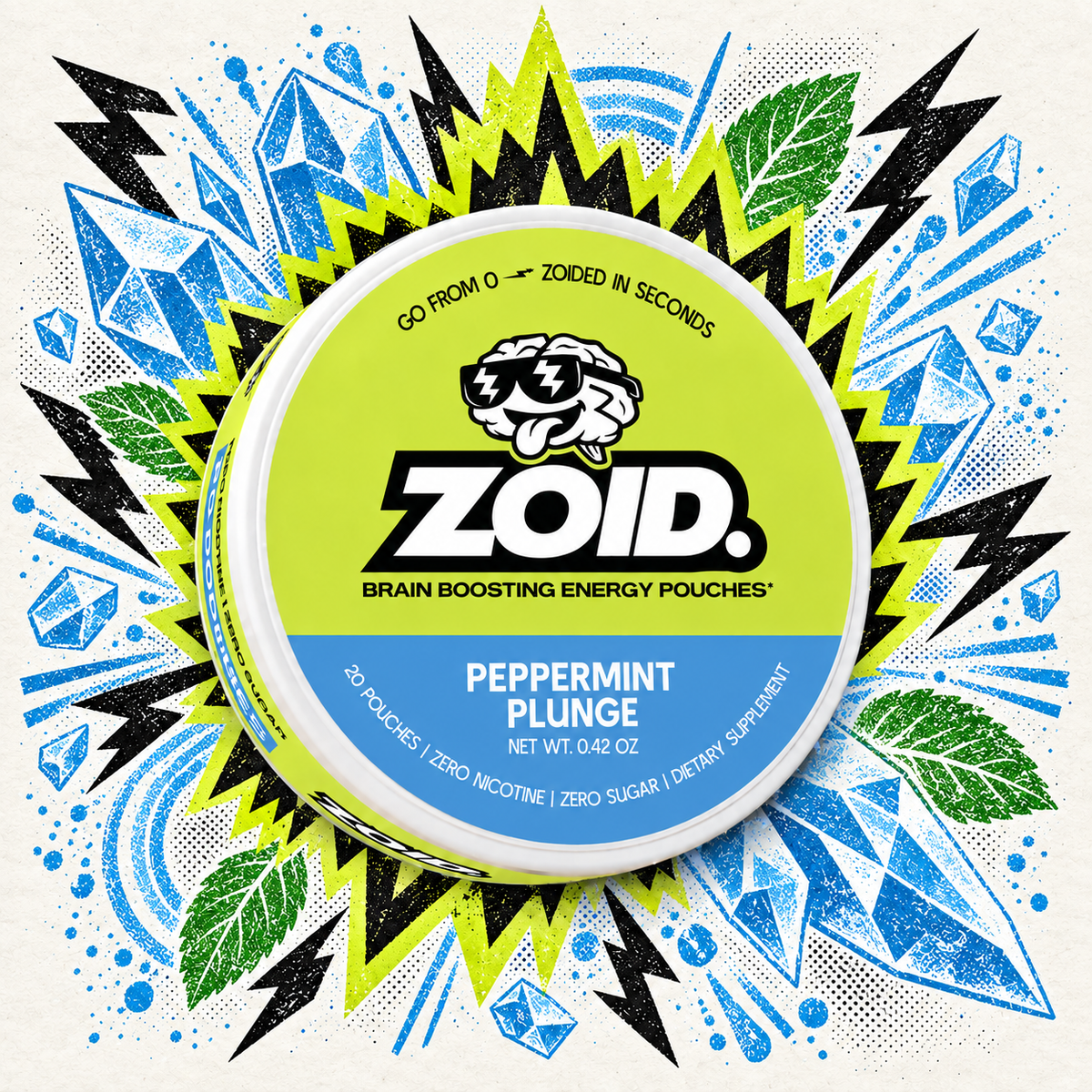 A round tin of Zoid Brain Boosting Energy Pouches in Peppermint Plunge flavor, shown against a highly stylized graphic background featuring blue crystals, black lightning bolts, and green leaves on a cream background.