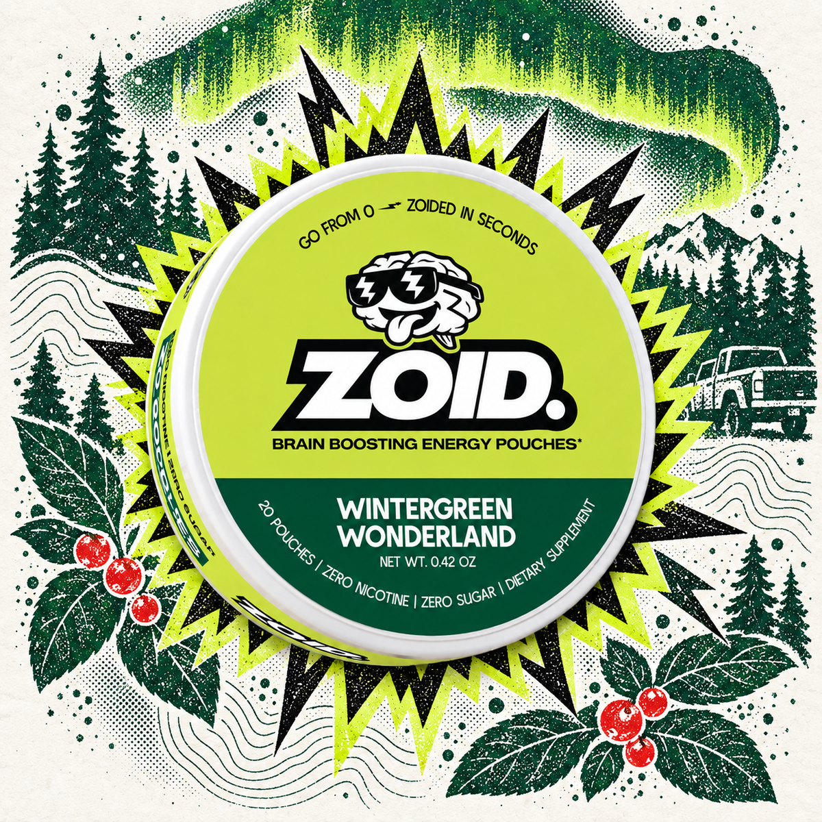 Zoid Wintergreen Wonderland brain boosting energy pouches tin packaging, featuring a bright lime green and dark green design with a stylized brain logo, surrounded by illustrated evergreen trees, mountains, a pickup truck, and red berries on a cream background.